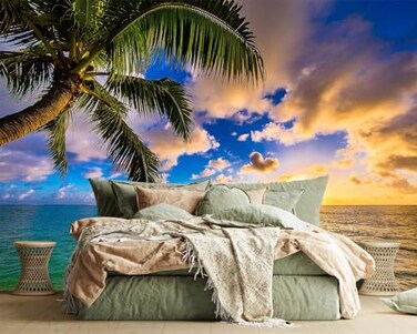 Jdayda Sunset Beach Wallpaper Hawaiian Seascape Palm Tree Wall Mural for Bedroom Living Room Not SelfAdhesive