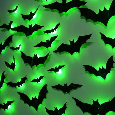 DR.DUDU DRDUDU 36 Pack Bats Halloween Decorations Light Up Bat Wall Stickers with Green LED 3D Removable Window Decals for IndoorOutdoor Bathroom Door Home Bedroom Halloween Party