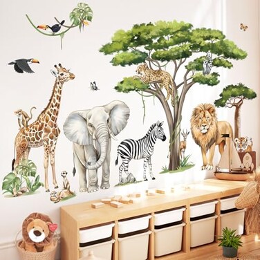 decalmile Large Safari Animals Tree Wall Stickers Jungle Animals Giraffe Elephant Lion Leopard Wall Decals Baby Nursery Kids Room Wall DecorXXL