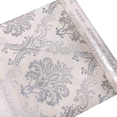 Lependor Silver Damask Peel and Stick Wallpaper Easily Removable Printed Stick Wall Paper Decorative Self Adhesive Shelf Drawer Liner Roll 1771 Wide x 118 Long 1771 X 98 ft Silver Damask