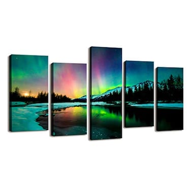 Cao Gen Decor Art S01927 5 Pieces Wall Art Aurora scenery Painting on Canvas Stretched and Framed Canvas Paintings Ready to Hang for Home Decorations Wall Decor