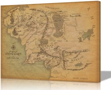 Mistyefly Middle Earth Map Canvas Wall Art Print Paintings Map of Middle Earth Poster Wall Decor with Inner Wooden Frame 12x18 Inches Lightweight Easy Hanging Nice for Study Game Room Decor