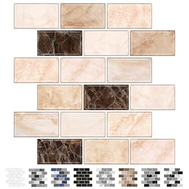 URCOLOR 10Sheet Peel and Stick Backsplash Subway Tile for Kitchen12x12 Self Adhesive Wall Tiles Sticker on Back Splashes for Bathroom Yellow Brown Marble Design