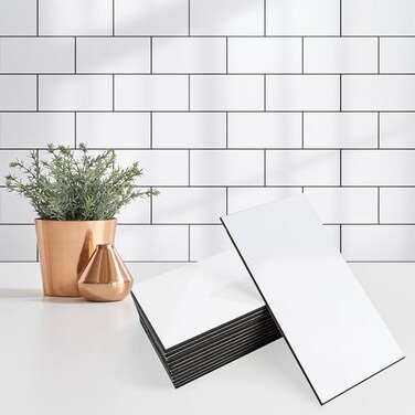 StyloVue 100 Pieces Peel and Stick Backsplash for Kitchen 3 x 6 PVC Subway Tile Glossy White with Dark Gray Grout Self Adhesive Stick on Wall Tiles for Kitchen Bathroom Fireplace RV