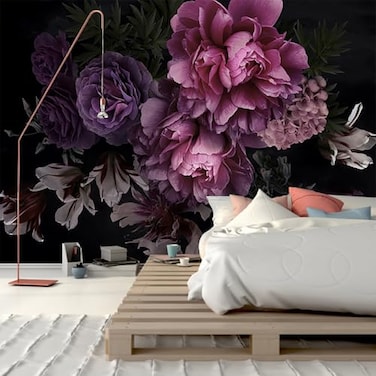 GLWYHY 3D Visual Black Background Purple Floral Wallpaper Bedroom Beautiful Peony Decorated MuralNonselfAdhesive Wall Stickers