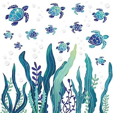 Tenare Sea Turtle Wall Decals 3D Ocean Grass Seaweed Stickers Under The Sea Wall Decals Decor Bubbles Peel and Stick Removable Vinyl Underwater Wall Sticker for Bathroom Bedroom Nursery Room Decoratio