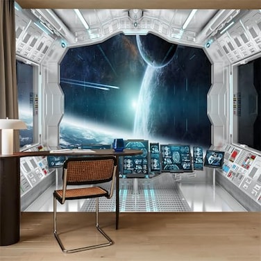 FLFK 3D Spaceship Peel and Stick Wall Murals 118x787Universe Outer Space SelfAdhesive Wallpaper Large Poster Science Explore Station Painting Sticker for Kids Bedroom Decor