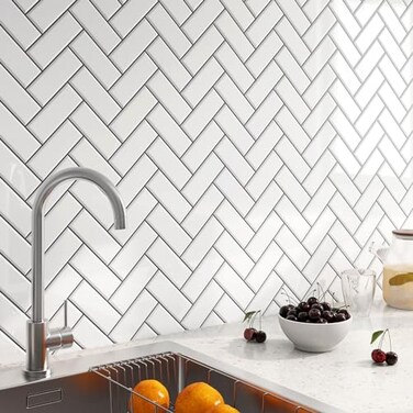 FunStick White Herringbone Peel and Stick Backsplash for Kitchen 12x12 Peel and Stick on Backsplash Tile Stickers Self Adhesive Wall Tiles for Kitchen Bathroom Shower RV Waterproof Back Splash 5 Pcs