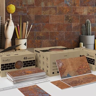 Alwayspon 24Pcs 3x6 Peel and Stick Backsplash PE Tile Rustic Red Rock SelfAdhesive Brick Sticker Stick on Wall Tiles for Kitchen Bathroom