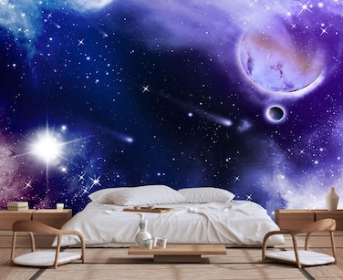 Wmjurel Blue and Purple Starry Sky Wallpaper Full Moon and Stars Shining Mural Large Wall Background MuralNonselfAdhesive