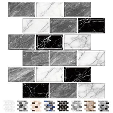 URCOLOR 10Sheet Peel and Stick Backsplash Tile Sticker for Kitchen12x12 Self Adhesive Subway Wall Tiles Stick on Back Splashes for Bathroom White Gray Black White Marble Design