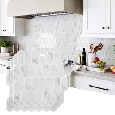 Vamos Tile Upgraded Thicker Design Backsplash Tile Peel and Stick 10Sheet Grey Marble Long Hexagon Self Adhesive Wall Tiles Stick On Backsplash for Kitchen Bathroom RV Fireplace