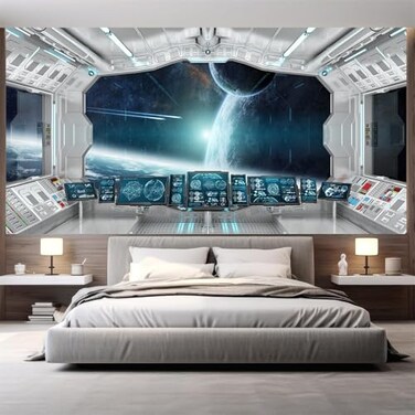 FLFK 3D Spaceship Peel and Stick Wall Murals 787x59Universe Outer Space SelfAdhesive Wallpaper Large Poster Science Explore Station Painting Sticker for Kids Bedroom Decor