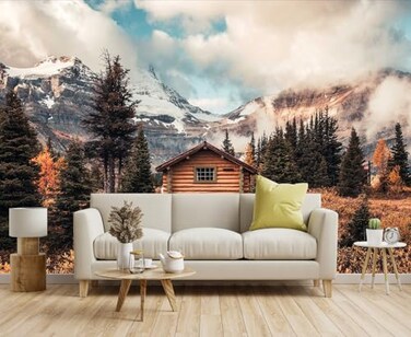 Toolhom Assiniboine Mountain Chalet Mural in Autumn Forest for Living Room Dining Room Bathroom Backdrop DecorationNonselfAdhesive