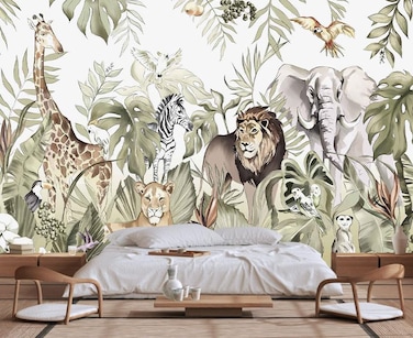 Wmjurel HandPainted Beautiful Wall Mural Pattern of Tropical Plants and Various Animals Large Art Wall Background WallpaperNonselfAdhesive