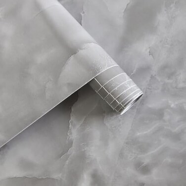 JSEVEM 24354 Large Wide Thick Grey White Cloud Pattern Marble Wallpaper Peel and Stick Waterproof Glossy Textured Gray White Marble Contact Paper Removable Wall Tile Sticker for Bedroom Living Room