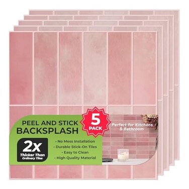 SELECT LIGHTING 5 Pack Peel and Stick Backsplash Subway Tiles Extra Thick 3D Wall Panels Heat Water Resistant Easy DIY Kitchen Bathroom Laundry Fireplace Rental Home Wall Dcor 12 x 12 in Pink