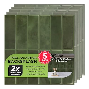 SELECT LIGHTING 5 Pack Peel and Stick Backsplash Subway Tiles Extra Thick 3D Wall Panels Heat Water Resistant Easy DIY Kitchen Bathroom Laundry Fireplace Rental Home Wall Dcor 12 x 12 in Green