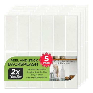SELECT LIGHTING 5 Pack Peel and Stick Backsplash Subway Tiles Extra Thick 3D Wall Panels Heat Water Resistant Easy DIY Kitchen Bathroom Laundry Fireplace Rental Home Wall Dcor 12 x 12 in Stone White