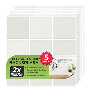 SELECT LIGHTING 5 Pack Peel and Stick Backsplash Square Tiles Extra Thick 3D Wall Panels Heat Water Resistant Easy DIY Kitchen Bathroom Laundry Fireplace Rental Home Wall Dcor 12 x 12 in Stone White