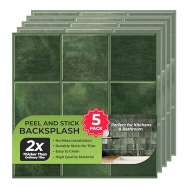 SELECT LIGHTING 5 Pack Peel and Stick Backsplash Square Tiles Extra Thick 3D Wall Panels Heat Water Resistant Easy DIY Kitchen Bathroom Laundry Fireplace Rental Home Wall Dcor 12 x 12 in Green