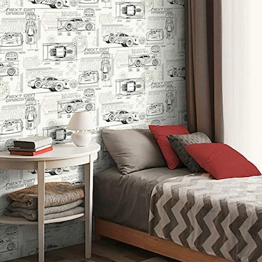 RoomMates RMK11804WP Disney and Pixar Cars Schematic Peel and Stick Wallpaper GreyWhite
