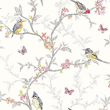 Holden Decor Phoebe Trail White NonPasted Wallpaper Elegant Bird Butterfly Botanical Trail 56 Sq Ft Coverage PastethePaper Wallcovering