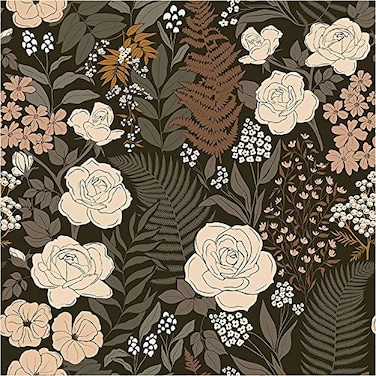 HAOKHOME Peel and Stick Wallpaper Floral Vintage Removable Rose Leaf BlackBrownBeige Stick on Fall Mural 177in x 328ft