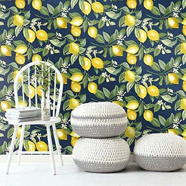 RoomMates RMK11657WP Lemon Zest Yellow and Navy Peel and Stick Wallpaper Roll