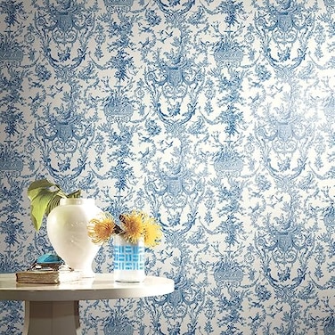 York Wallcoverings Ashford Toiles Old World Toile Prepasted Removable Wallpaper WhiteBlue