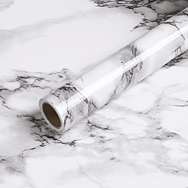 Caltero Marble Wallpaper 157 x 394 Black White Grey Marble Peel and Stick Glossy Contact Paper for Countertop Kitchen Cabinets Bathroom