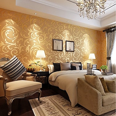 Q QIHANG QIHANG European Retro Victorian Damask Embossed Textured NonWoven Flocking Wallpaper Gold Color 053m10m53