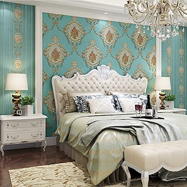 Q QIHANG Selfadhesive Nonwoven Wallpaper Simple European Style 3D Embossed Damask AB Version Wallpaper Living Room Bedroom Bedside TV Background Wall 2087Wx23622L Peel And Stick Sapphire blue A