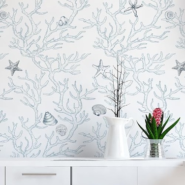 Dviolet Peel and Stick Wallpaper White and Light Blue Contact Paper CoralSeashellStarfish Pattern Removable Wallpaper for Kids Room 173X 118
