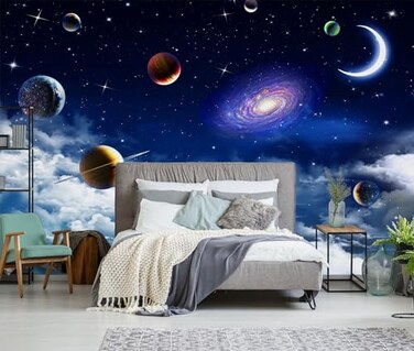 TUNDJ Galaxy Planet Wallpaper Blue Sky Stars Moon Ceiling Wall Mural for Living Room BedroomNot Peel and Stick