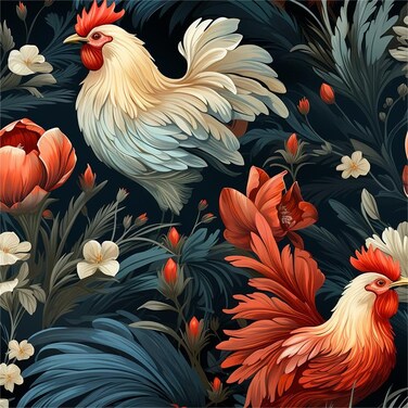 MuralPeel Cream Red Rooster Floral Dark Black Navy Peel and Stick Wallpaper Easy Peel Off Self Adhesive Removable Stick on Wall Paper for Kitchen Renter Friendly