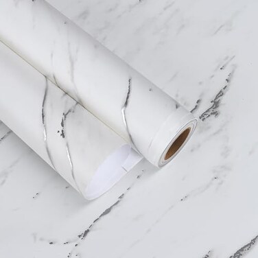 EaseStick 157x160 Matte Silver Grey White Marble Contact Paper Thick Waterproof Kitchen Countertop Peel and Stick Wallpaper Self Adhesive Removable Wallpaper for Bathroom Kitchen Countertops Wall
