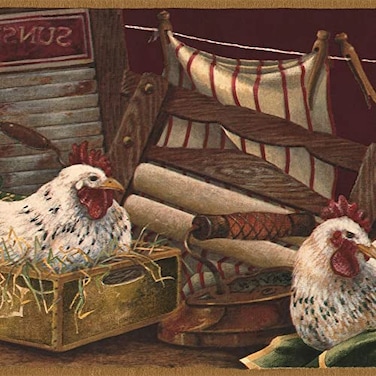 CONCORD WALLCOVERINGS Wallpaper Border Rooster Pattern Chickens Laundry Iron for Kitchen Dining Room Living Room Red Green White Brown 15 Feet by 9 Inches BSB7023B