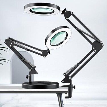 HITTI 10X Magnifying Glass with Light 1800 Lumens Stepless Dimmable 3 Color Modes 42 Real Glass Lens LED Desk Lamp Clamp Magnifier Light and Stand for Crafts Soldering Fly Tying Close Work