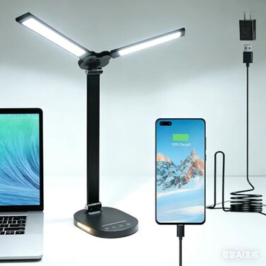 hukunos LED Desk Lamps for Home Office 14W Bright Double Swing Arm LED Desk Lamp with USB Charging Port EyeCaring Task Lamp Desktop Lamp with Night Light Table Read Light for Bedroom Work Study Craft