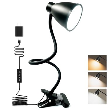 BOHON Desk Lamp 5 Color Modes 10 Brightness Dimmer Reading Light 10W 38 LED Clamp Lamp with Auto Off Timer 360 Flexible Neck Clip on Light for Bed Bedside AC Adapter Include