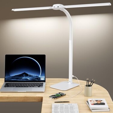 Kary Desk Lamp with USB Charging Port for Home Office 24w Architect Remote Base Dual Task Led Light Modern 5 Color Modes Dimmable Adjustable Gooseneck Double Head Reading Drafting Eye Caring Tall Lamp