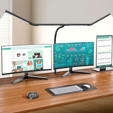 Pzloz Led Desk Lamps for Home Office Eye Caring Architect Lamp with Clamp Double Head Computer Monitor Work Desk Light with Remote Control 24W Flexible Dimmable Desktop Table Lamp