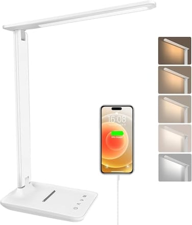 karidi LED Desk Lamp Dimmable Table Lamp with USB Charging Port 5 Lighting Modes Sensitive Control Foldable Portable Desk Light for Home Office Bedroom Reading White Standard Size 133 inch