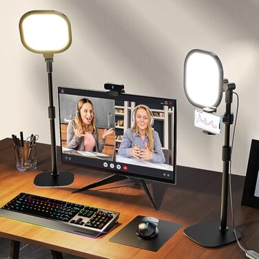 LitONES 2Pcs Desktop Video Conference Lighting for Zoom Meeting Computer Laptop Work from Home with Nature Soft Light Adjustable Brightness Color Temp and Flexible Stand Versatile Phone Holder