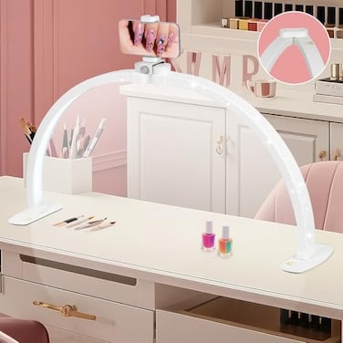 HITTI 29in Half Moon Light for Nail Desk Foldable 3 Color Modes 10 Brightness Phone Stand Arch LED Nail Tech Table Lamp for Manicure Salon Handicraft Art Eyelash Extension White