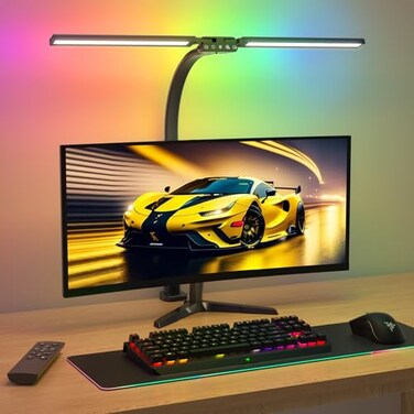SIBRILLE Upgraded LED Desk Lamp for Home Office with RGB Rotatable Computer Desk Light with Remote Tall Table Lamp with Clamp for Working Dimmable Dual Head Task Lighting for Monitor PC 22W