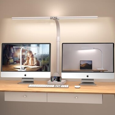 Ksunun Double Head LED Desk Lamp Architect Desk Lamps for Home Office 24W Brightest Workbench Office Lighting5 Color Modes and 5 Dimmable Eye Protection Modern Desk Lamp WhiteDesktop Big