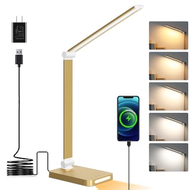 Dott Arts LED Desk Lamp with USB PortsTouch Desk Lamps for Home Office with 5 Color Modes3 Brightness Desk Light with Small Night LightReading Lamp Table Lamp for Bedroom Bedside Study Gold with adapt