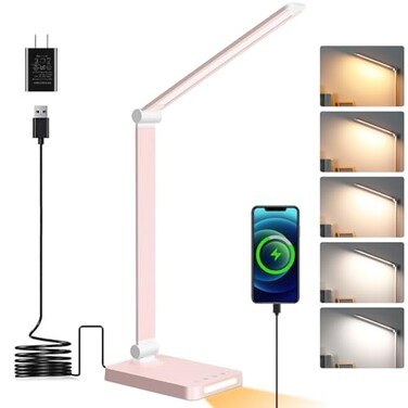 Dott Arts LED Desk Lamp with USB PortsTouch Desk Lamps for Home Office with 5 Color Modes3 Brightness Desk Light with Small Night LightReading Lamp Table Lamp for Bedroom Bedside Study Pink with adapt